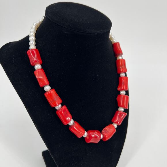 Handmade Jewelry - Red Coral Genuine Pearl Necklace Silver Clasp 18 inch Chunky Statement Tropical